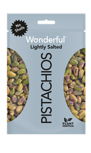 Gray package of no shell lightly salted Wonderful Pistachios