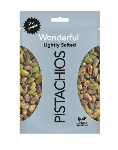 Gray package of no shell lightly salted Wonderful Pistachios