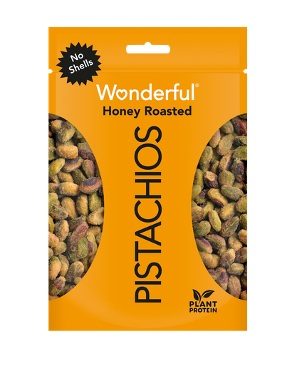 Yellow package of no shell honey roasted Wonderful Pistachios