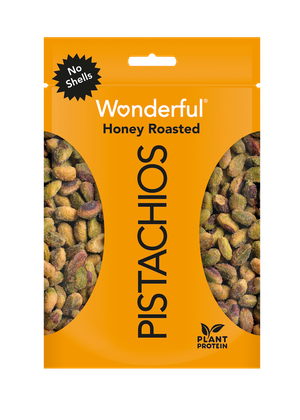 Yellow package of no shell honey roasted Wonderful Pistachios
