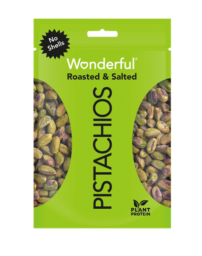 Green package of no shell roasted and salted Wonderful Pistachios