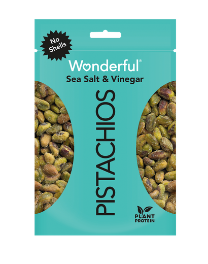 Blue package of sea salt and vinegar flavored Wonderful Pistachios