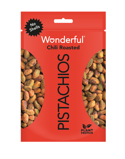 Red package of no shell chili roasted Wonderful Pistachios