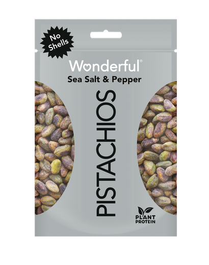 Grey package of no shell sea salt and pepper Wonderful Pistachios