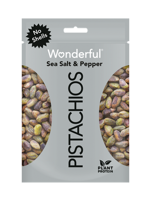 Grey package of no shell sea salt and pepper Wonderful Pistachios