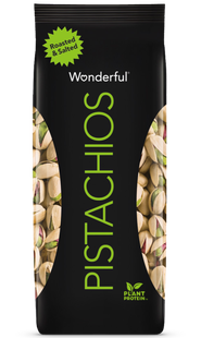 Black package of roasted and salted flavored Wonderful Pistachios